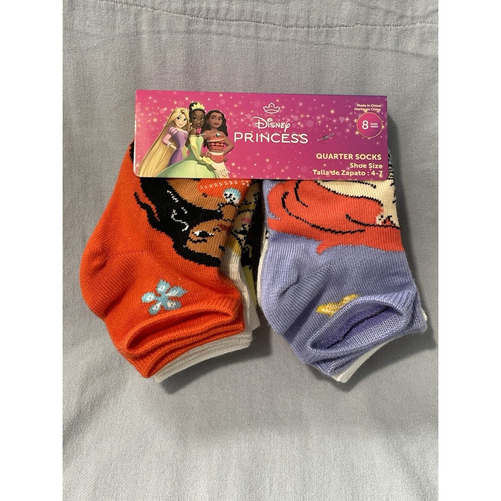 NEW Walt Disney Princess Girls Quarter Socks Multicolor 8 Pairs in‎ Size 4-7